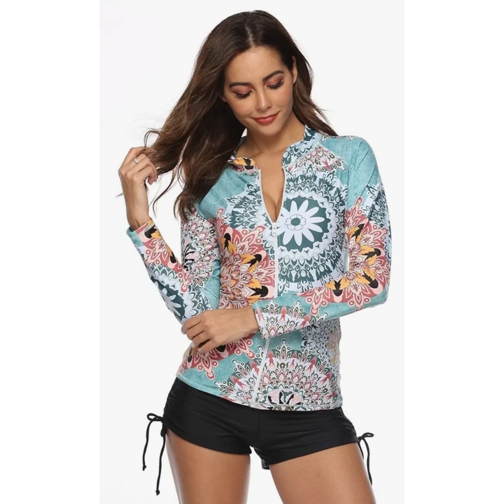 Long Sleeve Rash Guard Zip up Swim Top Medallion print Multicolor Size 4X
